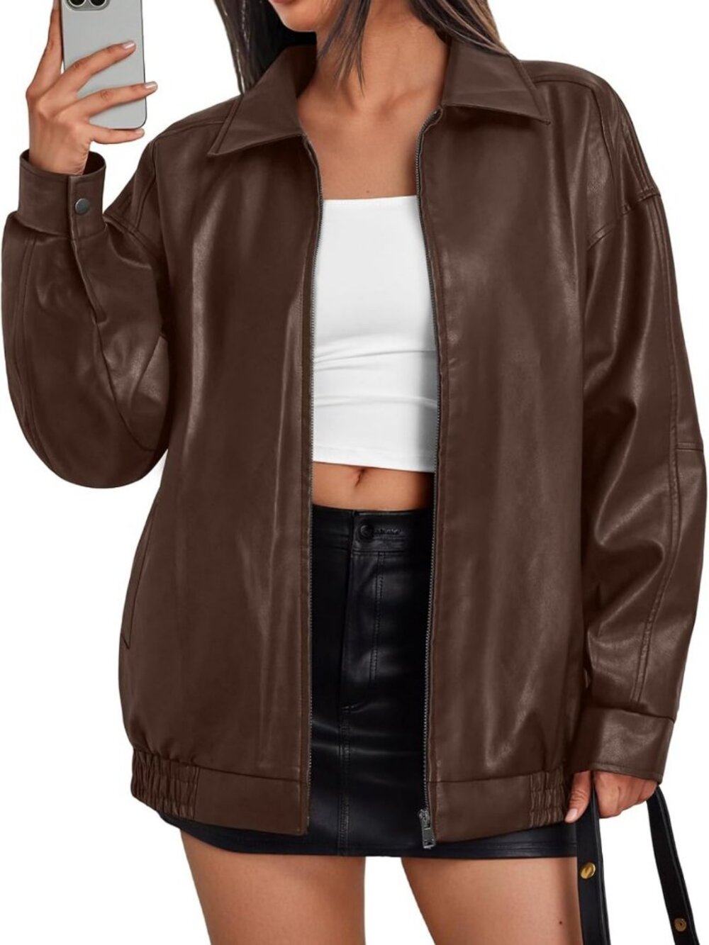 Chic Oversized Leather Moto Jacket for Women - Stylish Fall & Winter Bomber Coat
